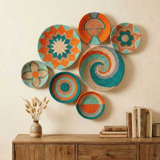 Woven Basket Wall Decor Set Boho Bohemian Plates, 7 Piece - image 1