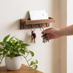 Rustic Wooden Key Holder Wall Mounted - Entryway Shelf With Hooks Farmhouse Rack Mail Organiser Hallway Storage Decor - thumbnail 3