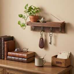 Rustic Wooden Key Holder Wall Mounted - Entryway Shelf With Hooks Farmhouse Rack Mail Organiser Hallway Storage Decor - thumbnail 2