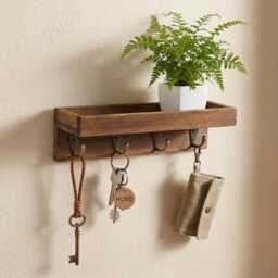 Rustic Wooden Key Holder Wall Mounted - Entryway Shelf With Hooks Farmhouse Rack Mail Organiser Hallway Storage Decor