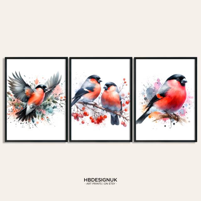 Bullfinch Print Poster - Set Of 3 Paintings - Watercolour Prints Bull Finch Watercolor Gifts Artwork Decor Bird Wall Art - image 1