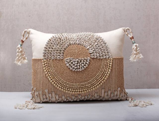 Cream Lumbar Pillow Cover, Cotton Cushion With Kauri Shells, Tassels & Wooden Beads - image 1