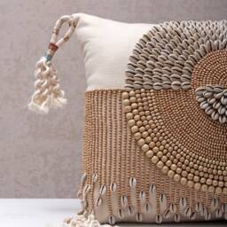 Cream Lumbar Pillow Cover, Cotton Cushion With Kauri Shells, Tassels & Wooden Beads - thumbnail 2