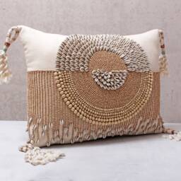 Cream Lumbar Pillow Cover, Cotton Cushion With Kauri Shells, Tassels & Wooden Beads - thumbnail 4