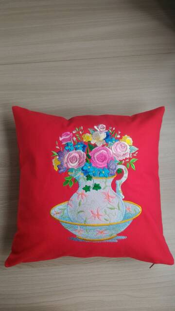 "Red Decorative Pillow Cover With Machine Embroidery ""Bouquet Of Flowers" - image 1
