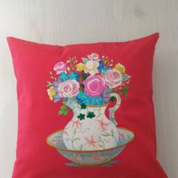 "Red Decorative Pillow Cover With Machine Embroidery ""Bouquet Of Flowers" - thumbnail 3