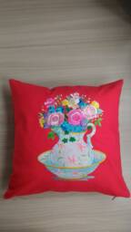 "Red Decorative Pillow Cover With Machine Embroidery ""Bouquet Of Flowers" - thumbnail 1