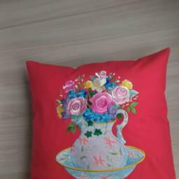 "Red Decorative Pillow Cover With Machine Embroidery ""Bouquet Of Flowers" - thumbnail 2