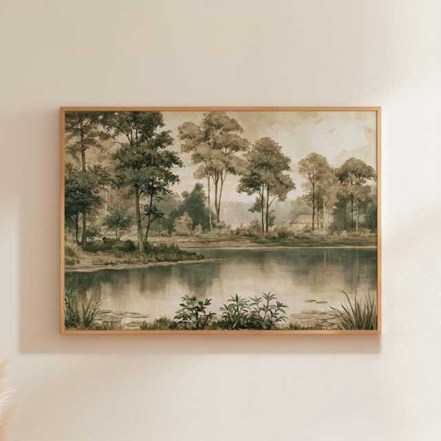 Forest Lake Poster, Sepia Woodland Wall Art, Nature Landscape Print - image 1