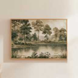 Forest Lake Poster, Sepia Woodland Wall Art, Nature Landscape Print - thumbnail 1