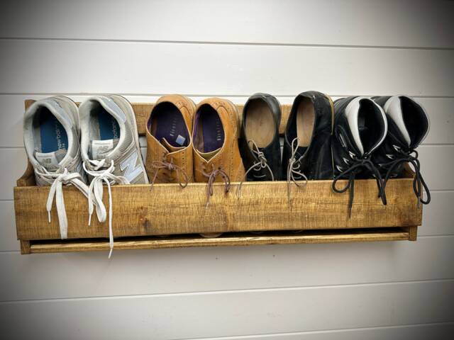 Shaped Wall Mounted Hallway Rustic Shoe Rack - Dark Oak Coloured - image 1