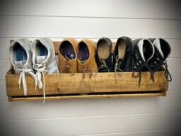 Shaped Wall Mounted Hallway Rustic Shoe Rack - Dark Oak Coloured - thumbnail 1