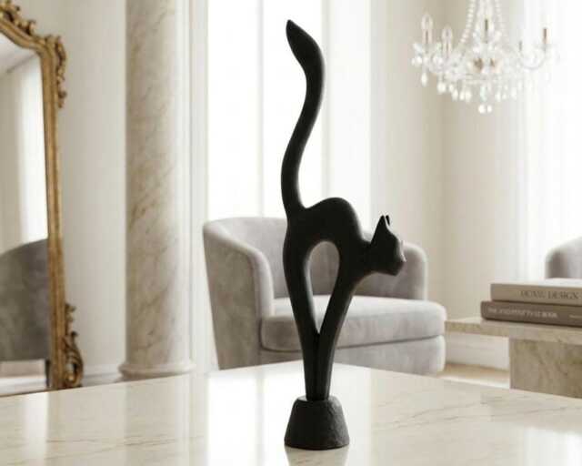 Black Cat Handcarved Wood Sculpture - Cat Figurine Boho Home Decor - image 1