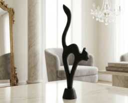 Black Cat Handcarved Wood Sculpture - Cat Figurine Boho Home Decor - thumbnail 1