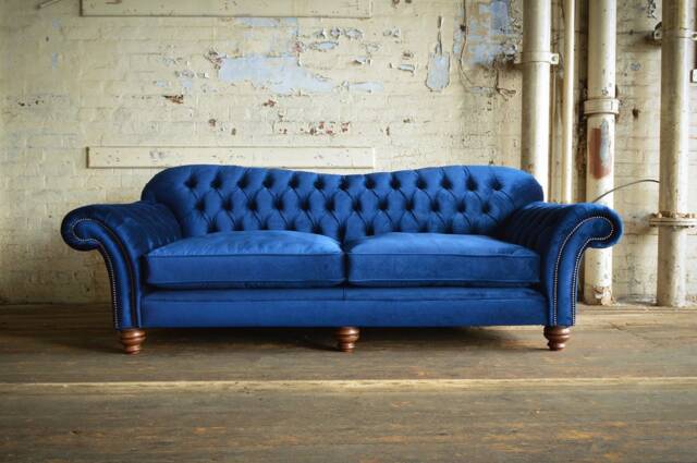 Unique British Handmade Velvet 3 Seater Chesterfield Sofa - Reflex Cushion Seat Blue - image 1