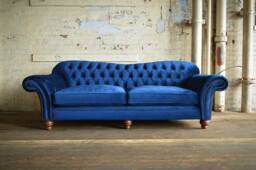 Unique British Handmade Velvet 3 Seater Chesterfield Sofa - Reflex Cushion Seat Blue