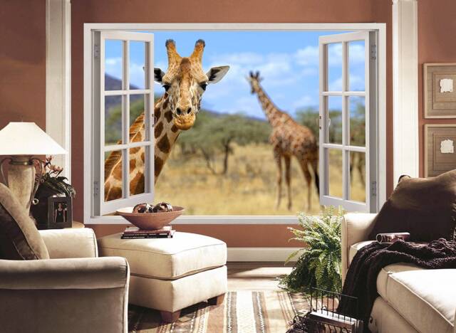 3D Wall Sticker Window Giraffes Behind The /Fake Giraffe/Giraffe in Decal/ Giraffe Decal/Self-Adhesive Wallpaper - image 1