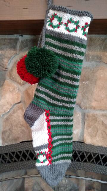 Hand Knit Christmas Stocking Fancy Horizontal Stripe Green Gray Holly Wreath Detail By Santa's Works - image 1