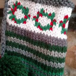 Hand Knit Christmas Stocking Fancy Horizontal Stripe Green Gray Holly Wreath Detail By Santa's Works - thumbnail 2