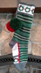 Hand Knit Christmas Stocking Fancy Horizontal Stripe Green Gray Holly Wreath Detail By Santa's Works - thumbnail 1