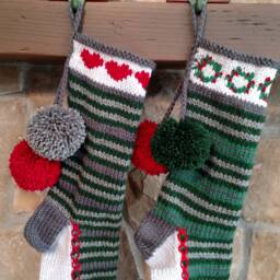 Hand Knit Christmas Stocking Fancy Horizontal Stripe Green Gray Holly Wreath Detail By Santa's Works - thumbnail 3