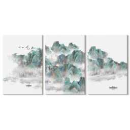 Set Of 3 Canvas Prints - Mountains in The Clouds With Birds & A Boat Japandi, Turquoise Wall Art Canvas, Landscapes Hanging Piece - thumbnail 1