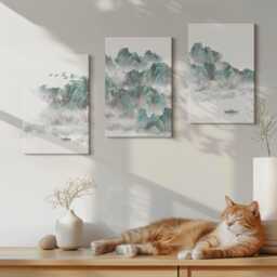 Set Of 3 Canvas Prints - Mountains in The Clouds With Birds & A Boat Japandi, Turquoise Wall Art Canvas, Landscapes Hanging Piece - thumbnail 2