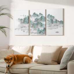 Set Of 3 Canvas Prints - Mountains in The Clouds With Birds & A Boat Japandi, Turquoise Wall Art Canvas, Landscapes Hanging Piece - thumbnail 3