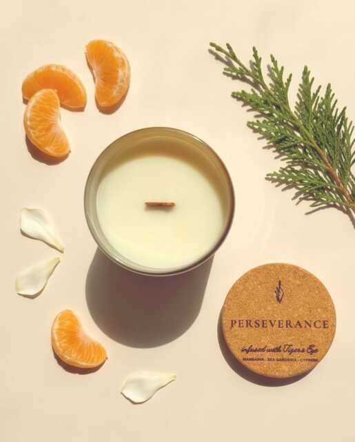 Tiger's Eye Soy Candle, Wooden Wick, Gardenia Mandarin Cypress Aromachology Candle - image 1