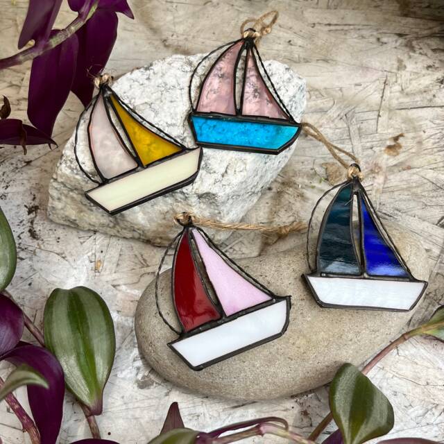 Mini Sailboat Ornament Stained Glass, Gift For Sailor Dad Or Grandpa, Boat Lover Gift, Coastal Ornament, Spring Window Decor, Nautical - image 1
