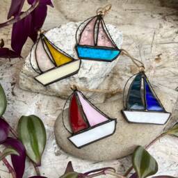 Mini Sailboat Ornament Stained Glass, Gift For Sailor Dad Or Grandpa, Boat Lover Gift, Coastal Ornament, Spring Window Decor, Nautical - thumbnail 1