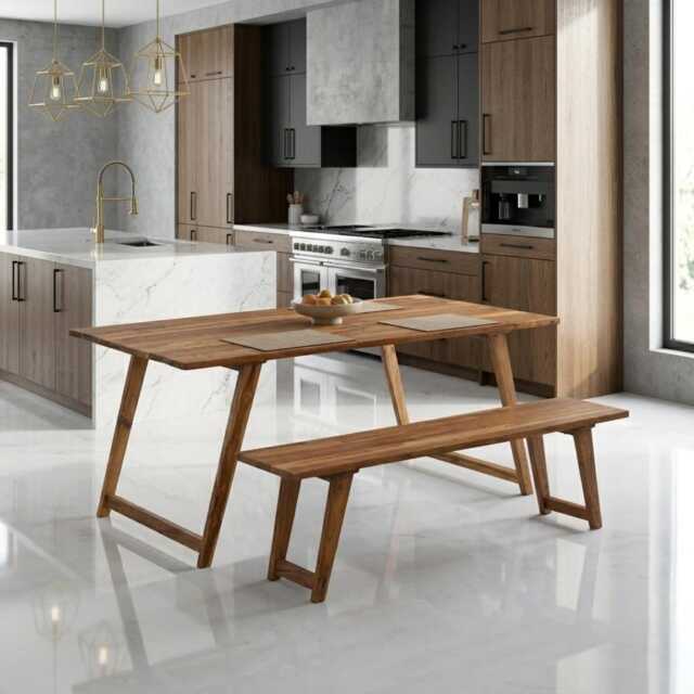 Dining Table & Bench Set Made Of Reclaimed Teak Wood Rustic Modern Kitchen Furniture - image 1