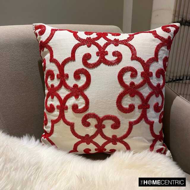 Red Bead Embroidered Abstract Pattern Throw Pillow Cover, 16x16 Cotton Linen Contemporary Cushion Cover - Encrusted - image 1