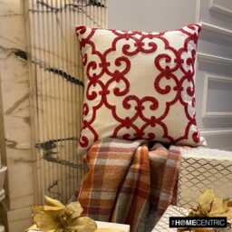 Red Bead Embroidered Abstract Pattern Throw Pillow Cover, 16x16 Cotton Linen Contemporary Cushion Cover - Encrusted - thumbnail 3