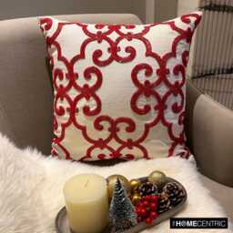 Red Bead Embroidered Abstract Pattern Throw Pillow Cover, 16x16 Cotton Linen Contemporary Cushion Cover - Encrusted - thumbnail 2