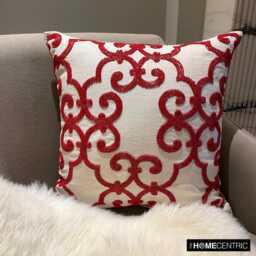 Red Bead Embroidered Abstract Pattern Throw Pillow Cover, 16x16 Cotton Linen Contemporary Cushion Cover - Encrusted