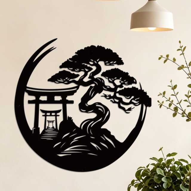 5 Style Bonsai Torii Gate Metal Wall Art, Oriental Pagoda Mountain Zen Circle Iron Hanging, Asian Meditation Room Minimalist Decor - image 1
