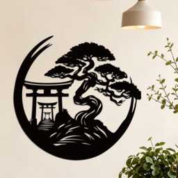 5 Style Bonsai Torii Gate Metal Wall Art, Oriental Pagoda Mountain Zen Circle Iron Hanging, Asian Meditation Room Minimalist Decor - thumbnail 1