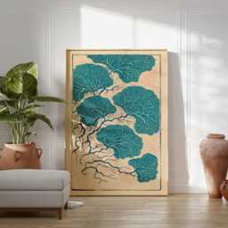 Teal Sea Fan Poster - Beige Cream Paper Coastal Botanical Art Abstract Coral Print - thumbnail 3
