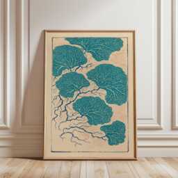 Teal Sea Fan Poster - Beige Cream Paper Coastal Botanical Art Abstract Coral Print - thumbnail 1
