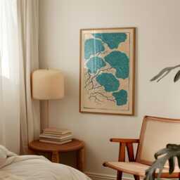 Teal Sea Fan Poster - Beige Cream Paper Coastal Botanical Art Abstract Coral Print - thumbnail 2