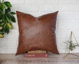 Walnut Brown Faux Leather Pillow Cover - 16x16'' - thumbnail 1