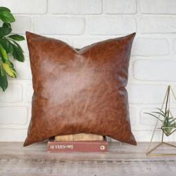 Walnut Brown Faux Leather Pillow Cover - 16x16'' - thumbnail 2