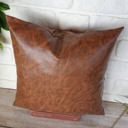 Walnut Brown Faux Leather Pillow Cover - 16x16'' - thumbnail 3