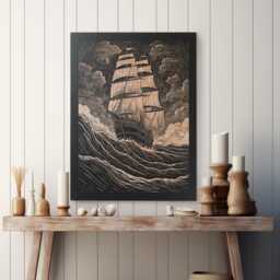 Clipper Ship Engraved Wood Panel - Vintage Nautical Block Print Wall Art, Sailboat Illustration Home Decor, Rustic Beach House Gift - thumbnail 2
