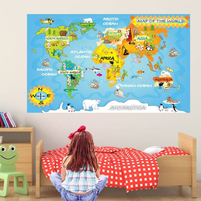 Animals World Map Wall Decal Sticker Mural Poster Print Art Kids Bedroom School Decor Es2 - image 1