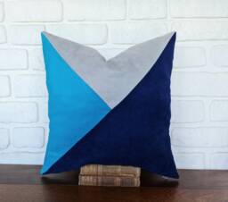 Color Block Faux Suede Pillow Cover Gray, Blue, Navy - thumbnail 1