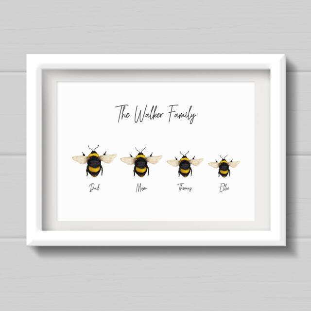 Personalised Bumble Bee Family Print With Names, Father's Day Gift For Dad. Watercolour Style Bumble Bees, Wall Art Decor - image 1