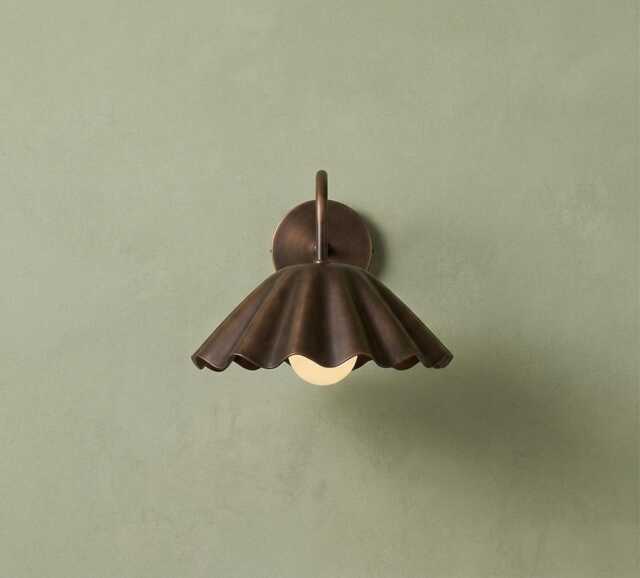 Scalloped Wall Sconce, Antique Brass Light, Vintage Fluted Shade, Bedroom Lamp, Mid Century Hardwired Or Plug In - image 1