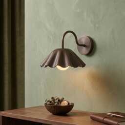 Scalloped Wall Sconce, Antique Brass Light, Vintage Fluted Shade, Bedroom Lamp, Mid Century Hardwired Or Plug In - thumbnail 2